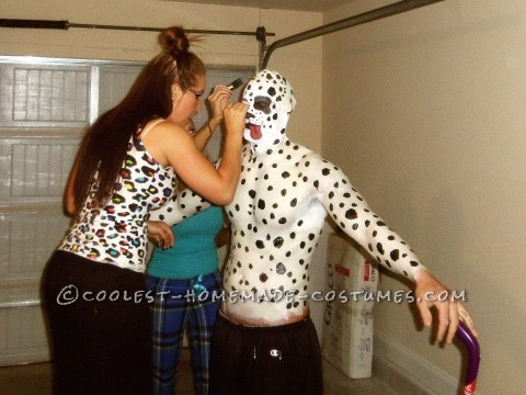 THIS HOME-MADE DALMATIAN COSTUME WAS A LOT OF FUN BUT MORE WORK THEN IT SEEMS!IT TOOK A WHOLE DAY TO COLOR BLACK DOTS ON THE PLAIN WHITE PANTS. WE