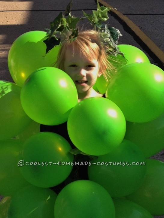 Got Grapes?
 
This is Ms. Audrey Lee. Her “bunch -o -grapes” costume was created simply (and afford -ably) with green balloons, a