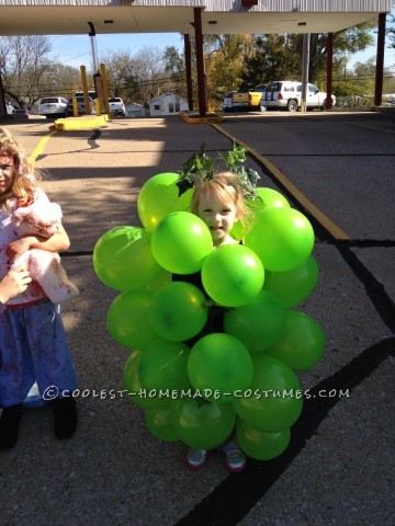 Got Grapes?
 
This is Ms. Audrey Lee. Her “bunch -o -grapes” costume was created simply (and afford -ably) with green balloons, a