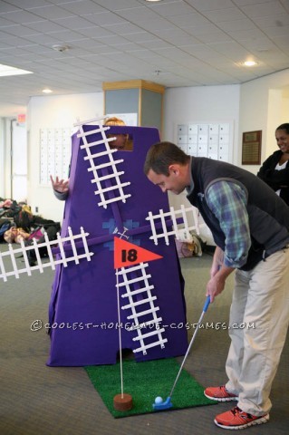 I love mini-golf and when I was playing this summer with friends, I thought it would make a pretty cool costume. The windmill is made from cardboard,