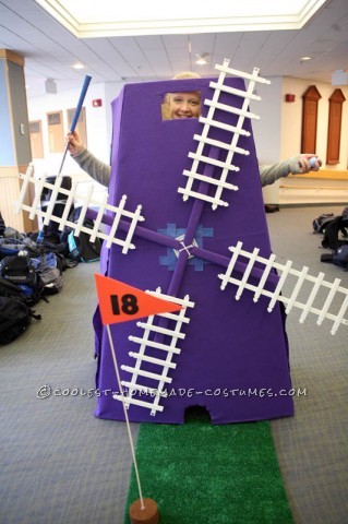 I love mini-golf and when I was playing this summer with friends, I thought it would make a pretty cool costume. The windmill is made from cardboard,