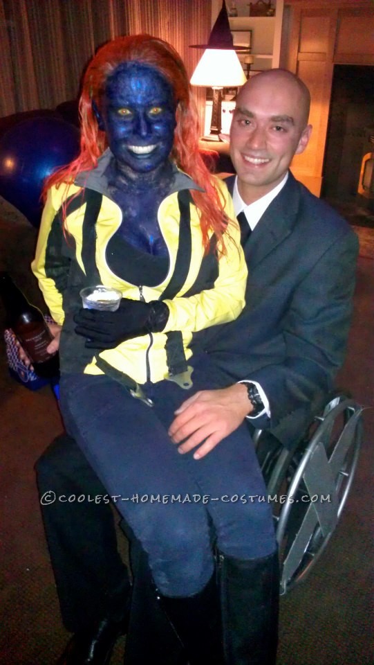 I was Mystique and my boyfriend was Professor X. We took an old wheelchair and spray painted it silver and put the X wheels on it. For Mystique, I di