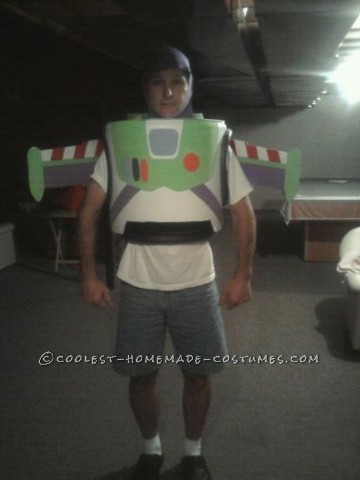 Best Buzz Lightyear Costume Ever!: The main construction of the Buzz Lightyear costume is in a garbage can turned upside down. I then marked up the garbage with the desired shape.  On