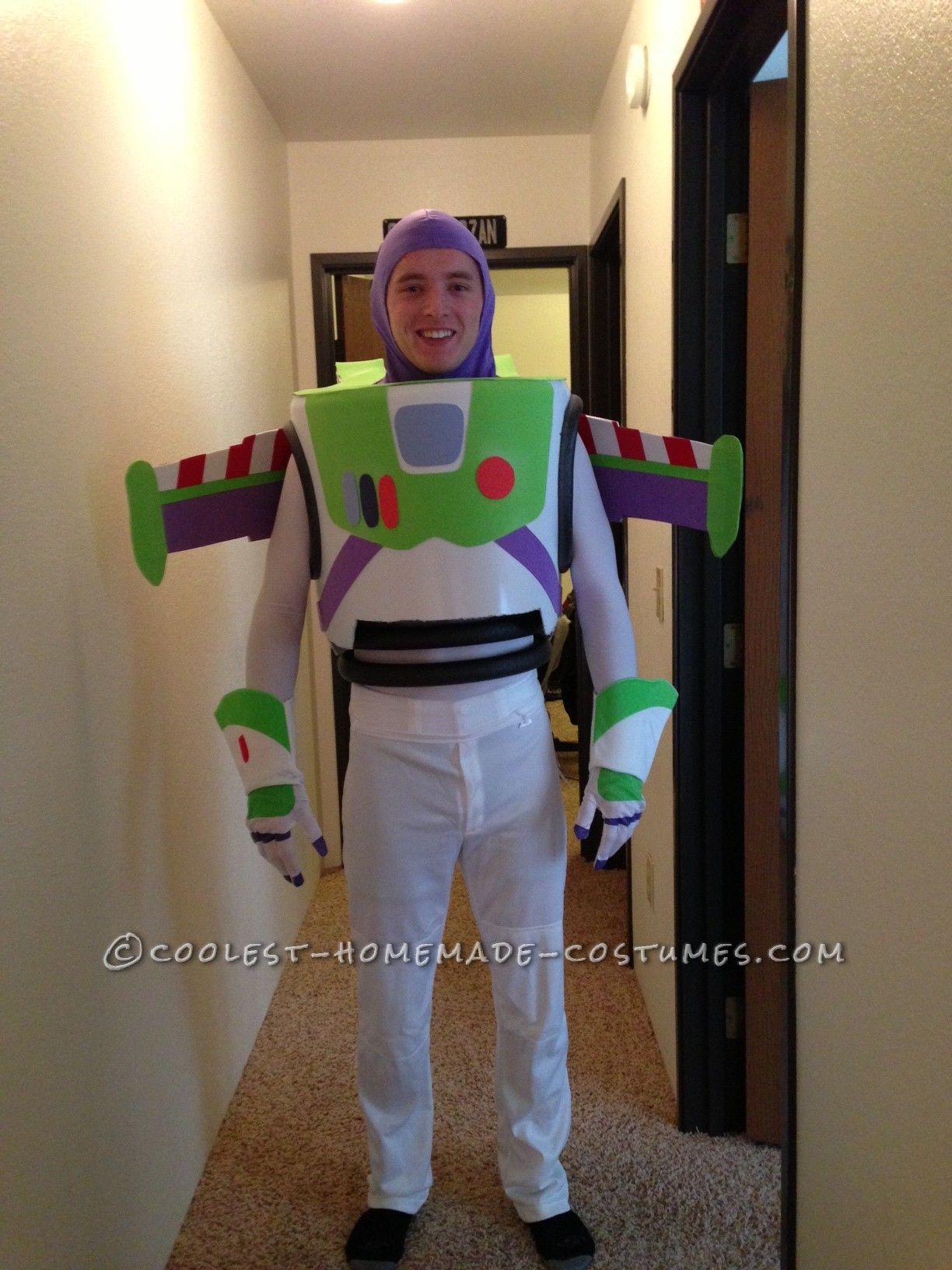 Best Buzz Lightyear Costume Ever!: The main construction of the Buzz Lightyear costume is in a garbage can turned upside down. I then marked up the garbage with the desired shape.  On
