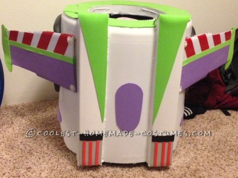 Best Buzz Lightyear Costume Ever!: The main construction of the Buzz Lightyear costume is in a garbage can turned upside down. I then marked up the garbage with the desired shape.  On