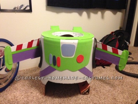 Best Buzz Lightyear Costume Ever!: The main construction of the Buzz Lightyear costume is in a garbage can turned upside down. I then marked up the garbage with the desired shape.  On