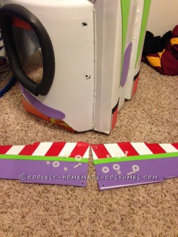 Best Buzz Lightyear Costume Ever!: The main construction of the Buzz Lightyear costume is in a garbage can turned upside down. I then marked up the garbage with the desired shape.  On