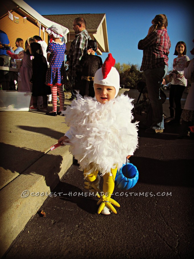 Cutest Chicken Homemade Costume: This cutest Chicken costume was originally made for my oldest daughter, 7 years ago. And it is just as cute on her baby sister, as the day she wore it