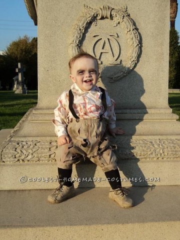 I decided to dress my 12 month old son, Jason, as a zombie after watching him walk around at Magic Mountain Fright Fest and noticing that he walked j