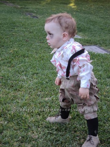 I decided to dress my 12 month old son, Jason, as a zombie after watching him walk around at Magic Mountain Fright Fest and noticing that he walked j