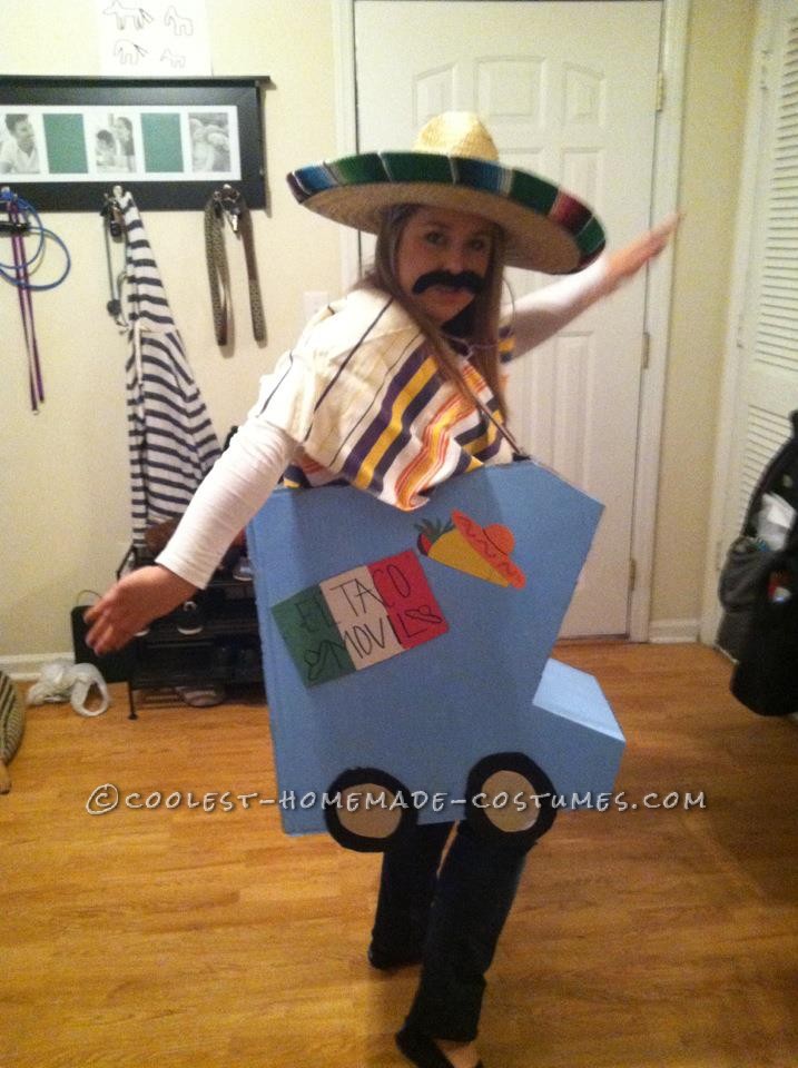 Original Taco Truck Costume: "El Taco Movil": I took two large boxes from Home Depot, cut them out in the shape of a truck. Then I spray painted all of the sides and let it dry over night. Next wa