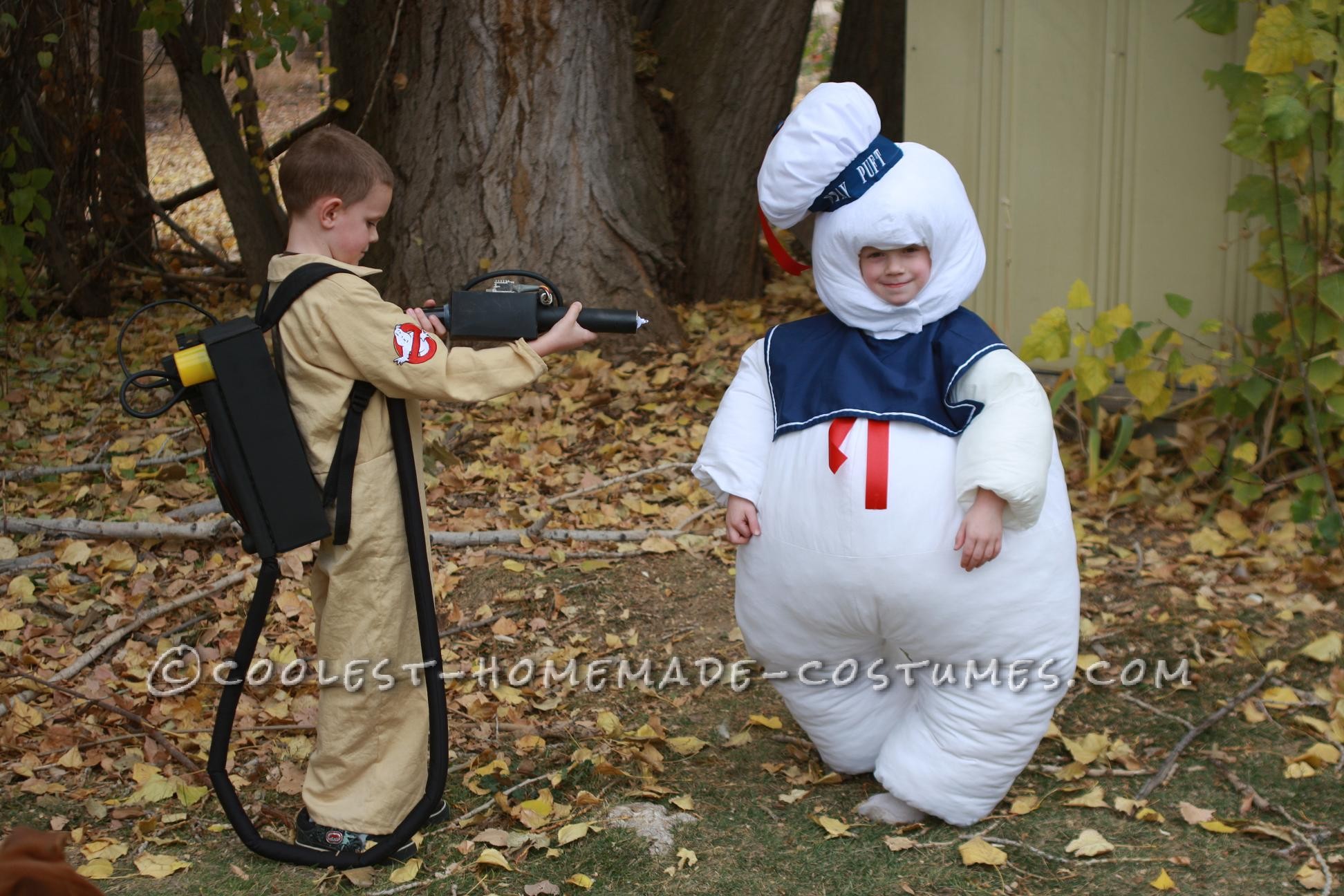 Both costumes are entirely handmade. Both costumes are made out of bed sheets and other miscellaneous fabric. Stay puft is basically two jumpsuits on