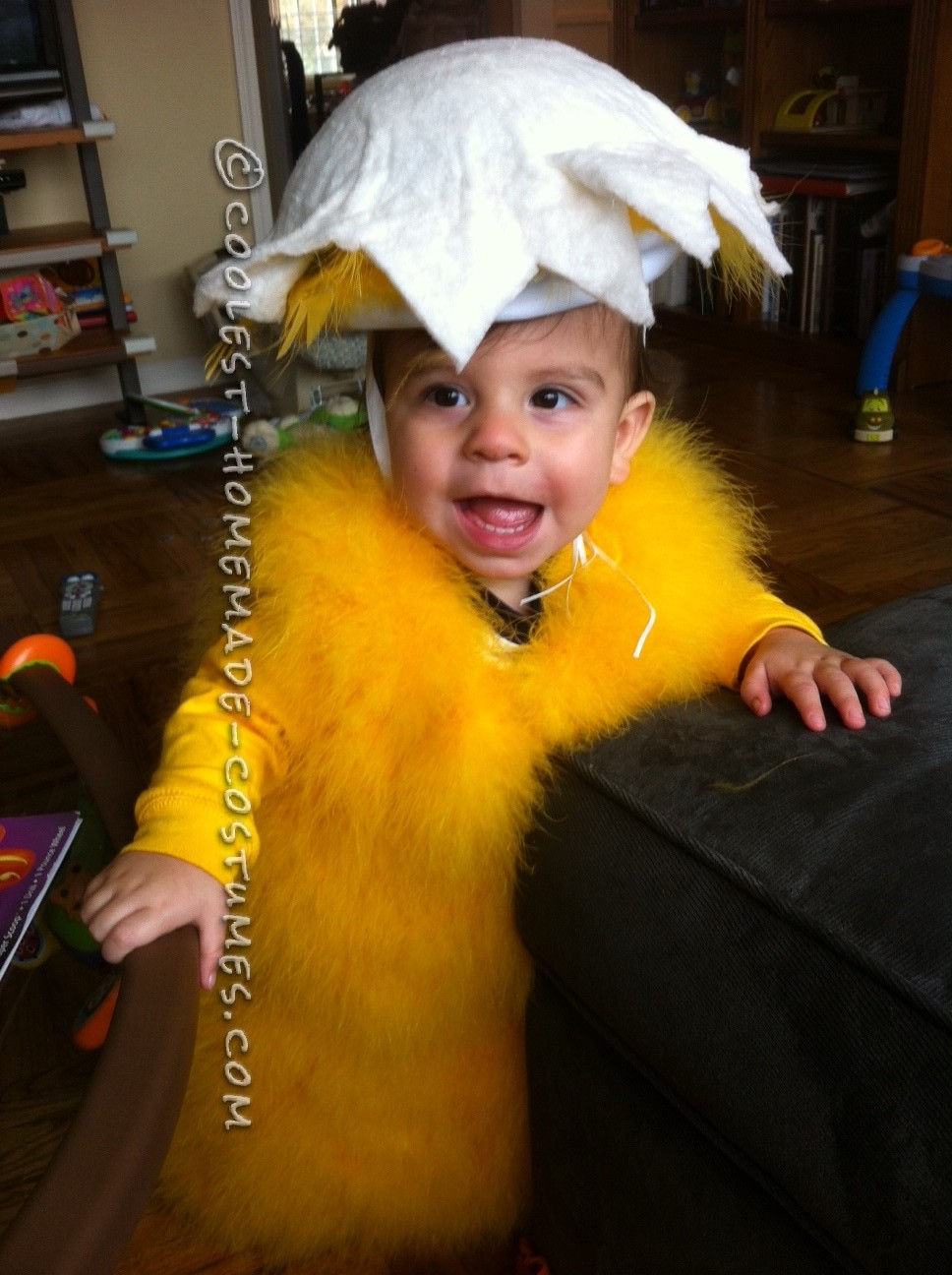 Fluffy Homemade Baby Chick Costume for Infant: Baby Jude is nearly 10 months old, and I wasn’t sure if he would be walking by the time Halloween came around.  I also wanted to make him a costume