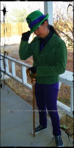 Gothams Coolest Villains: Poison Ivy and The Riddler: My daughter wanted to be The Riddler so I decided to make one for her. Found the hat a Party City, blazer at a thrift store, cane we had to buy online