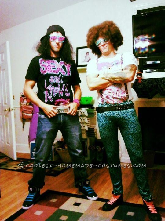 Cool LMFAO Redfoo and SkyBlue Couple Halloween Costume: My friend and I thought it would be cool to be LMFAO Redfoo and SkyBlue. It took us about two weeks to get our costumes. We got the wigs and my tights