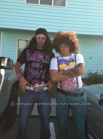 Cool LMFAO Redfoo and SkyBlue Couple Halloween Costume: My friend and I thought it would be cool to be LMFAO Redfoo and SkyBlue. It took us about two weeks to get our costumes. We got the wigs and my tights