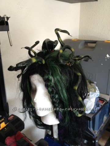 Started off rounding up some rubber snakes, a wig, material for the skirt, some air brush paint, wire, and wire mesh.First we made a skull cap