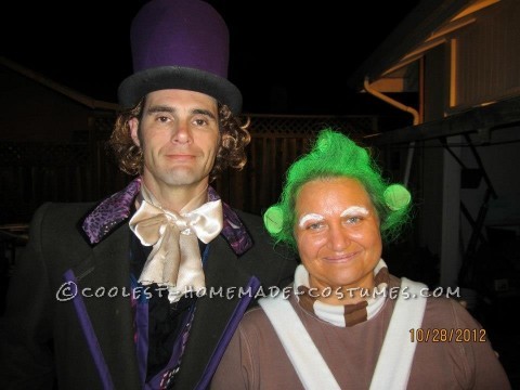 Since my husband is tall and slender, and I am short and chunky, we thought Willy Wonka and an Oompa Loompa would be perfect costumes!  With the