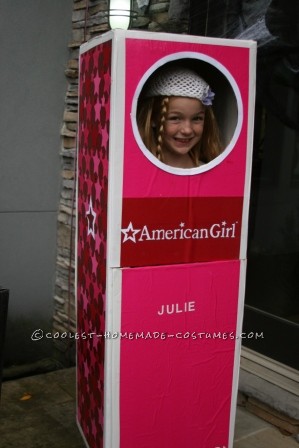 Original American Girl Doll Julie Costume for a Girl: My daughter wanted to be the American Girl Doll Julie for Halloween.  I thought it would be cute to have her inside the box.  The first thing I did