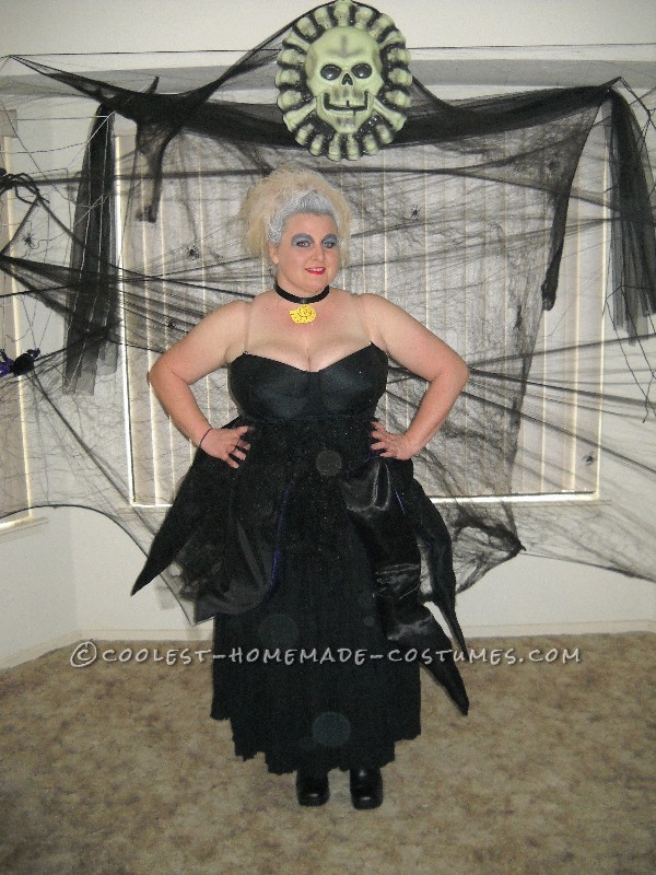 Coolest Homemade Ursula the Sea Witch Costume: I started with a bustier and a crinkle skirt. I bought a ton of black mesh, and made a tutu by tying cut strips to elastic. This sat under the tentacl