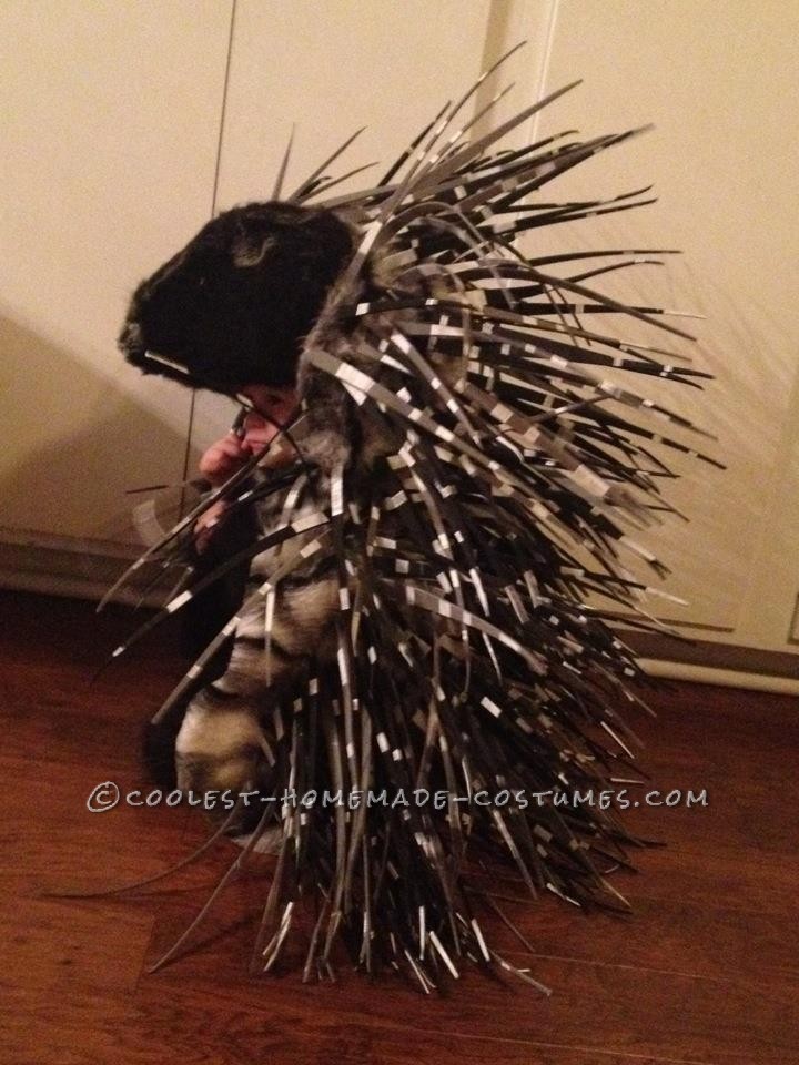 This is my daughter's porcupine costume from this year. She is two.We carved a porcupine head from a block of foam, cutting a round opening in the