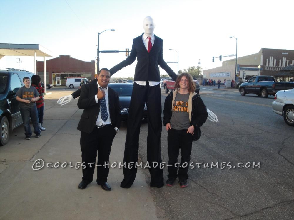 This was my 15 year old son\'s idea. Slenderman is a mythical creature turned video game persona. We went and bought two suit jackets at a thrift s