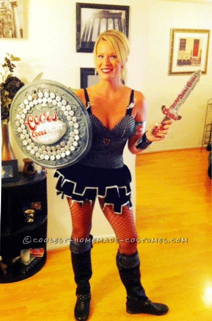 Sexy and Funny Homemade Woman's Halloween Costume: Coors Knight: I Googled "sexy knight" costume and ended up with a great one. Next, I FORCED myself to drink Coors Light bottles over the course of a month and I sav