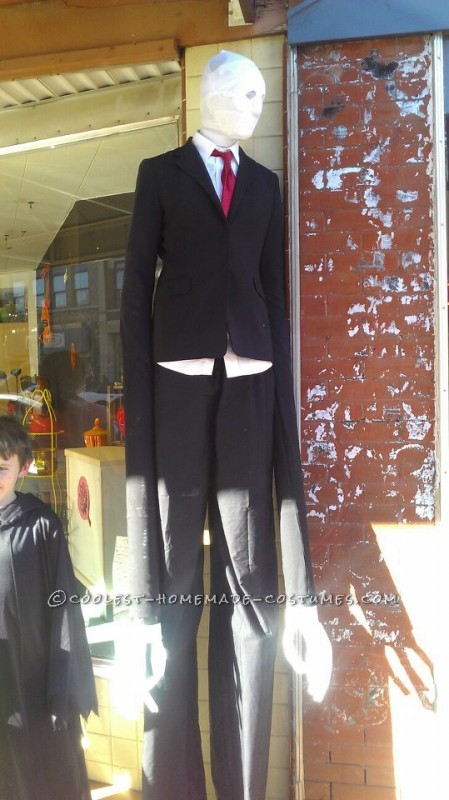 This was my 15 year old son's idea. Slenderman is a mythical creature turned video game persona. We went and bought two suit jackets at a thrift s