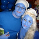 Homemade Smurf and Smurfette Couple Halloween Costume: I got the blue body paint at Omer De Serre, found a little white dress at Sears that reminds me the joyful spirit of The Smurfs so got to work on our