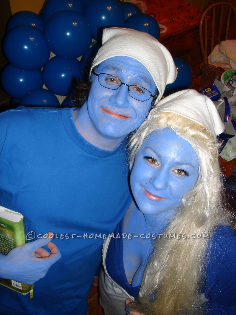 Homemade Smurf and Smurfette Couple Halloween Costume: I got the blue body paint at Omer De Serre, found a little white dress at Sears that reminds me the joyful spirit of The Smurfs so got to work on our