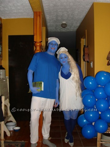 Homemade Smurf and Smurfette Couple Halloween Costume: I got the blue body paint at Omer De Serre, found a little white dress at Sears that reminds me the joyful spirit of The Smurfs so got to work on our