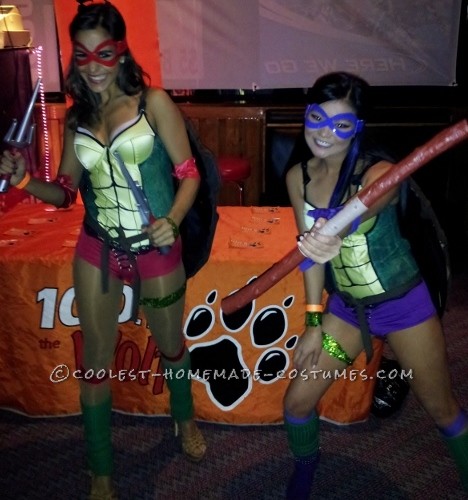 Sexy Homemade Teenage Mutant Ninja Turtles Costumes: For the body of the turtle we painted corsets. The shell we stapled wooden forms in the shape of a shell, covered the form with brown pleather, and dr