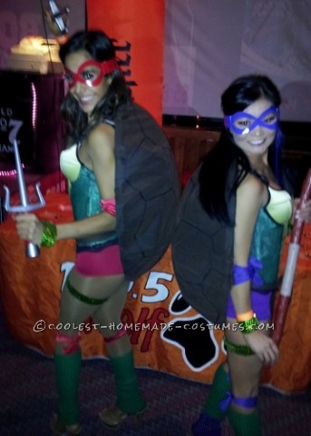 Sexy Homemade Teenage Mutant Ninja Turtles Costumes: For the body of the turtle we painted corsets. The shell we stapled wooden forms in the shape of a shell, covered the form with brown pleather, and dr