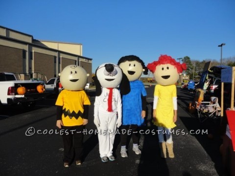 The Best Homeade Peanuts Gang Costume: We purchased 19 inch beach balls and paper mached with 3-4 layers for our Peanuts gang costume. Balls were then reinforced with Kilz and cardboard aro