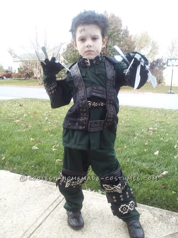 Young Edward Scissorhands Halloween Costume for a Boy: My 6 year old son decided in July this year that he wanted to be Edward Scissorhands for Halloween. Once he told me this I knew I had to get my crea