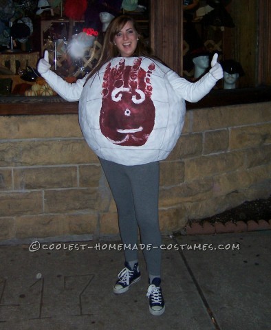 I made this costume by paper macheing a 4 foot beach ball.  I did 5 layers of paper mache, 4 layers with newspaper and the last layer with rippe