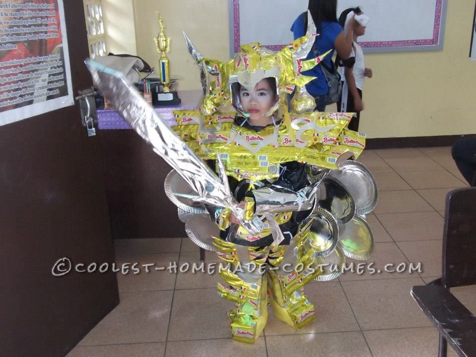 Warrior Halloween Costume 100% Recycled made of Cardboard, Wrappers and Paper Plates