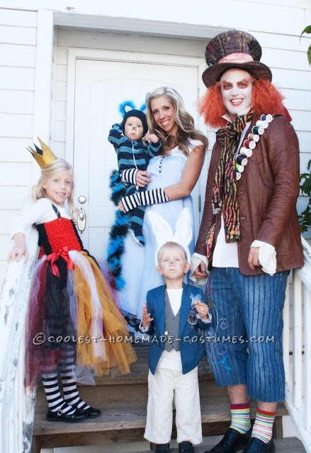 Coolest Homemade Wonderland Family Costume: Alice, Cheshire Cat, Queen of Hearts, White Rabbit and Mad Hatter Costumes