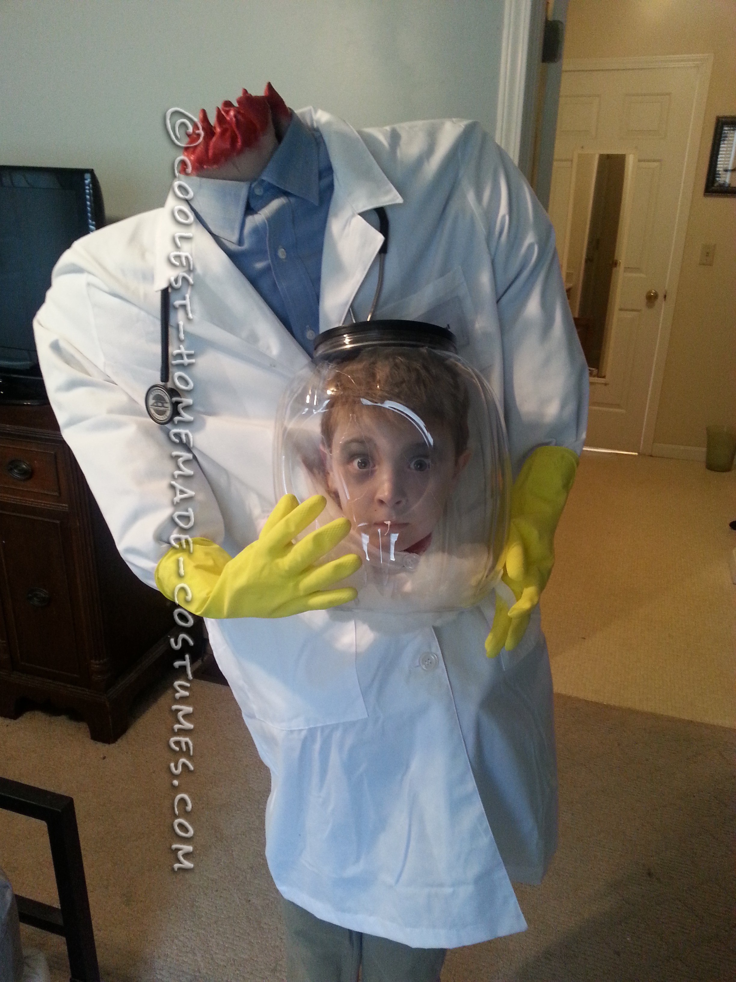 Cool Illusion Costume Idea for a Boy: Doctor with his Head in a Jar!