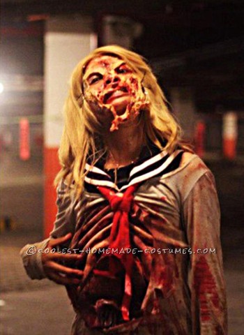 Grotesque Zombie Costume with Bloody Stomach and a Zipper Face