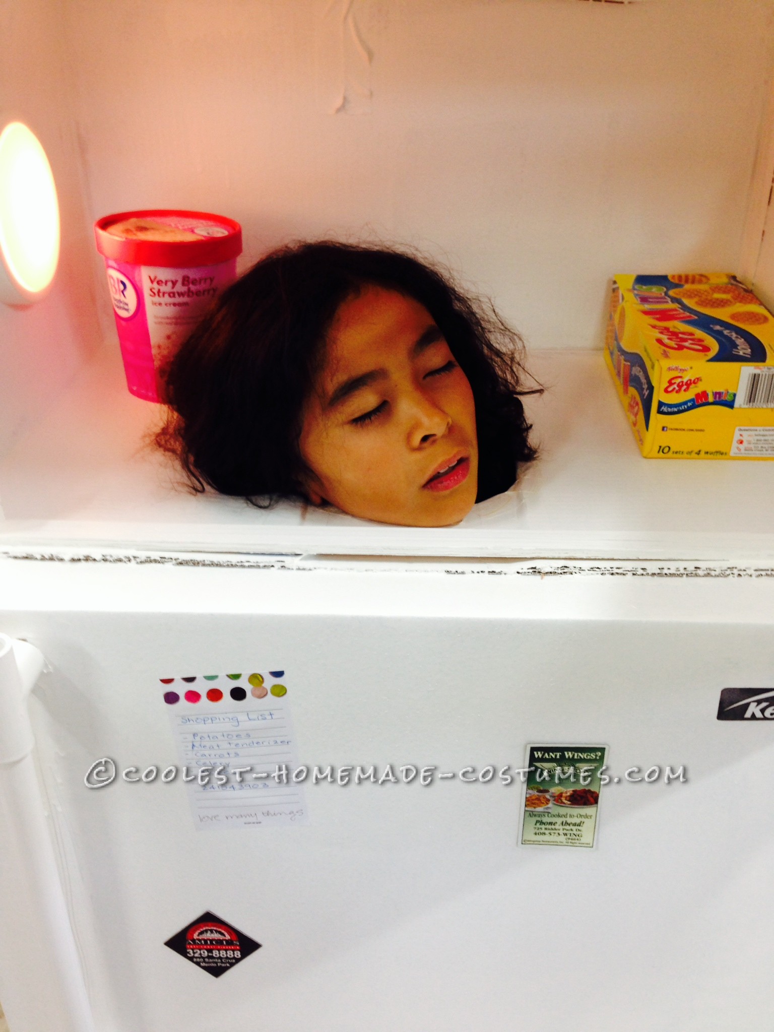 Realistic-Looking Refrigerator Costume with Frozen Head Inside