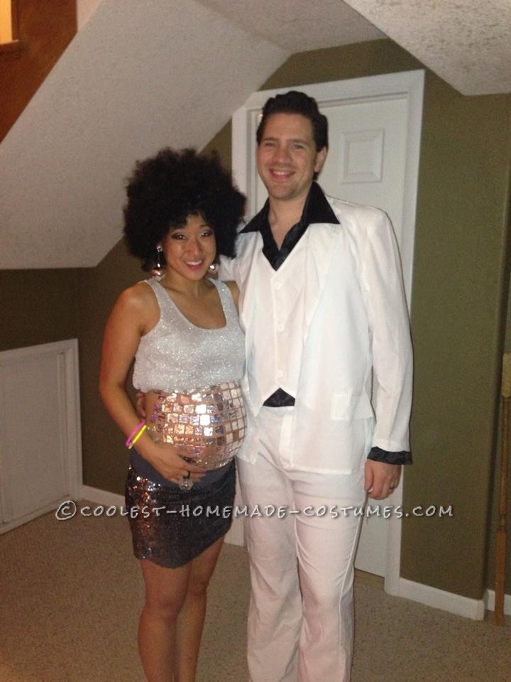 Cool Homemade Pregnancy Costume for a Couple: Saturday Night Fever and the Morning After Disco Ball Belly