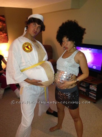 Cool Homemade Pregnancy Costume for a Couple: Saturday Night Fever and the Morning After Disco Ball Belly
