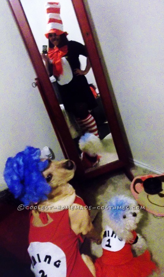 Woman's Cat in the Hat Costume with Pet Dogs Thing 1 Thing 2