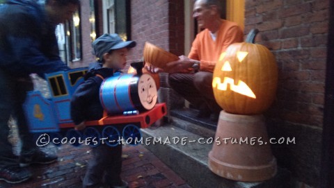 Cool DIY Gordon Train Costume for a Toddler Made with Throw-Away Items