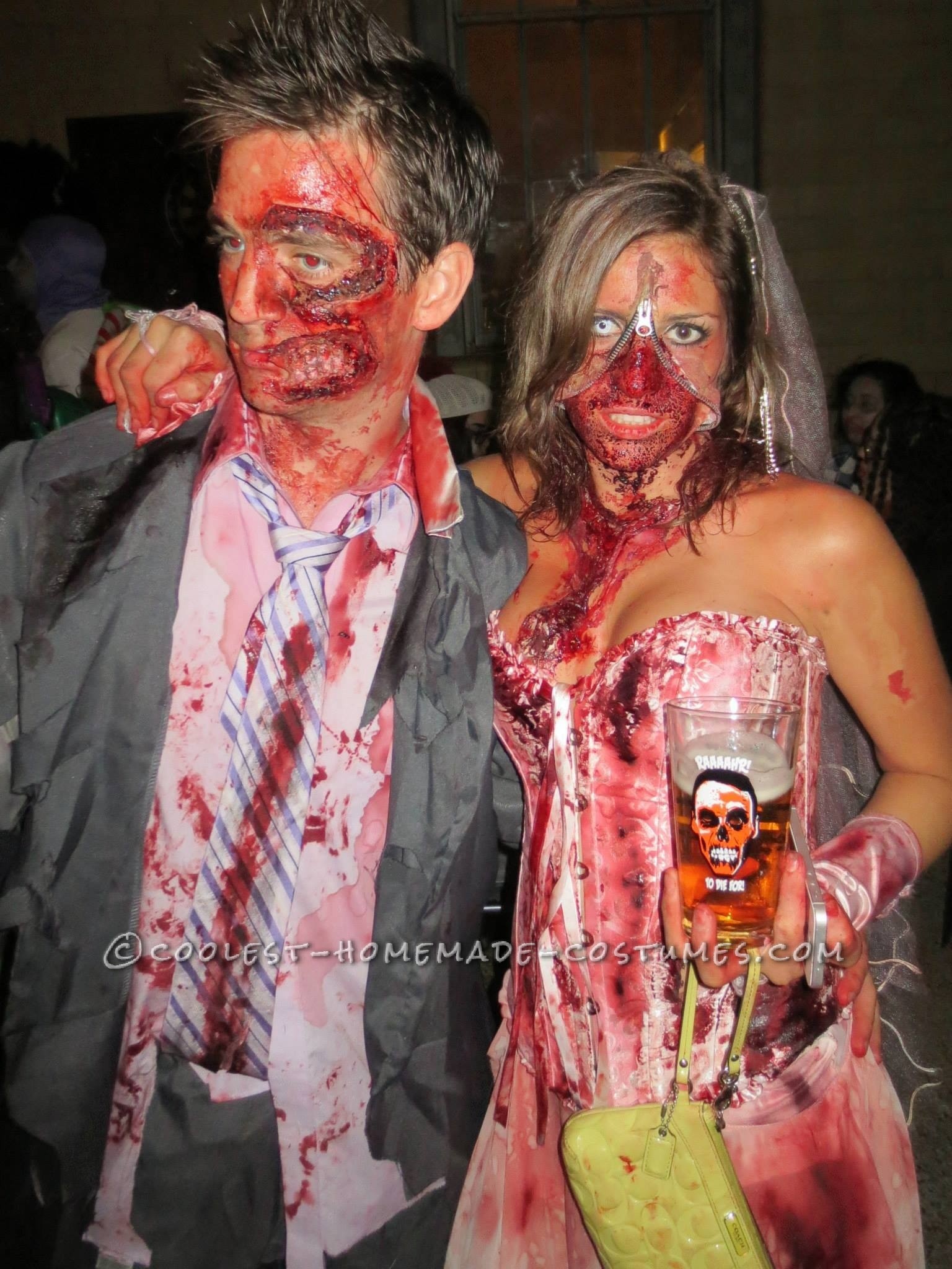 Head-Turning Zombie Couple Costume: Zipper Face Bride and Two Face Groom
