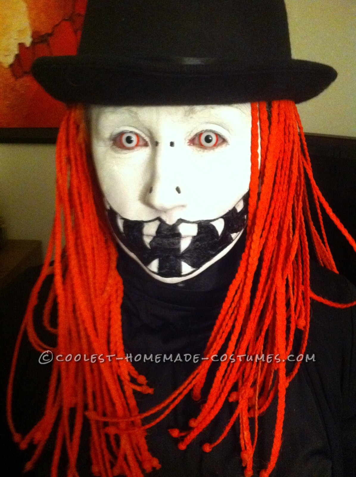 Creepy DIY Costume with orange Hair and Wicked Face