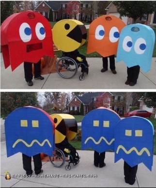 Wheelchair Pacman and Family of Ghosts Halloween Costumes