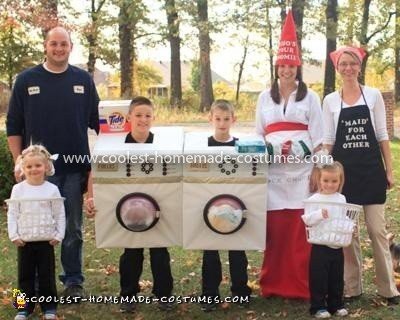 Coolest DIY Laundry Team Costume - Washer, Dryer, Laundry Baskets, Repairman, Sock Gnome, and Maid