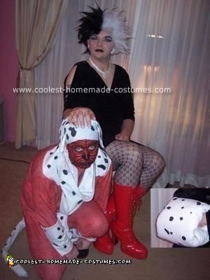 Homemade Cruella Deville and her Skinned Dalmation Couple Costume